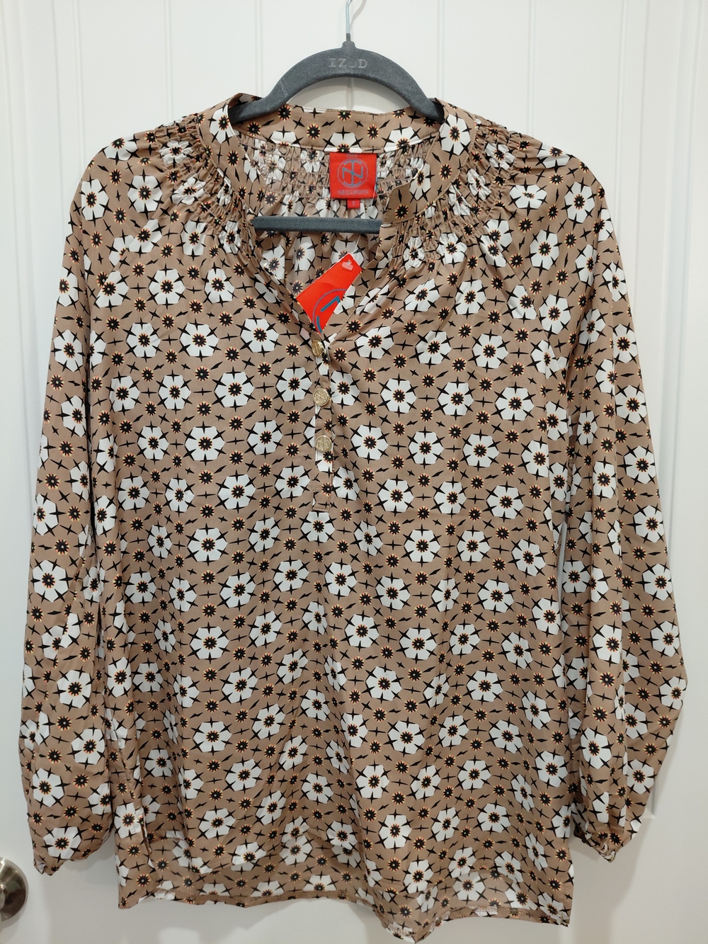 Tracy Negoshian Taupe Floral Smocked-Neck Blouse